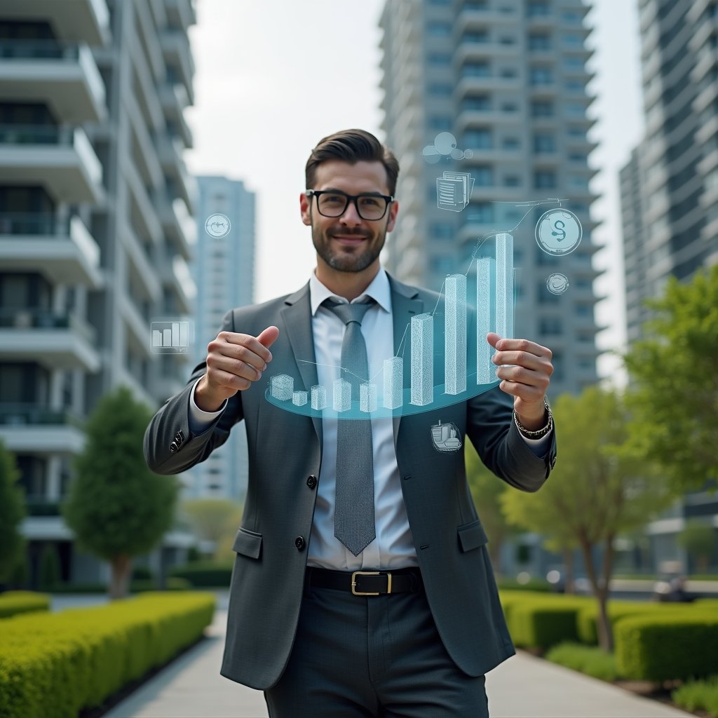 (Ultra-realistic condominium manager in a charcoal gray suit, set in a modern luxury condominium environment with high-rise buildings and manicured green landscaping, medium shot of a confident professional holding a holographic financial report and pointing at clear charts symbolizing transparency and trust, floating digital icons of graphs and documents around, cinematic lighting, shallow depth of field, highly detailed textures, realistic skin, photographic realism, 8k resolution --ar 1:1 --v 6)