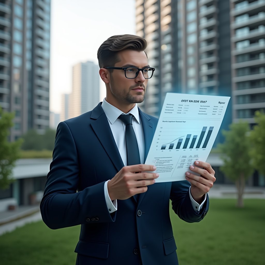 Ultra-realistic condominium manager in a tailored navy suit, set in a modern luxury condominium environment with high-rise buildings and lush green landscaping, carefully reviewing a floating holographic financial report with clear charts and graphs, a translucent balance-sheet icon hovering beside him, expression confident and focused, cinematic lighting, shallow depth of field, highly detailed textures, realistic skin, photographic realism, 8k resolution --ar 1:1 --v 6