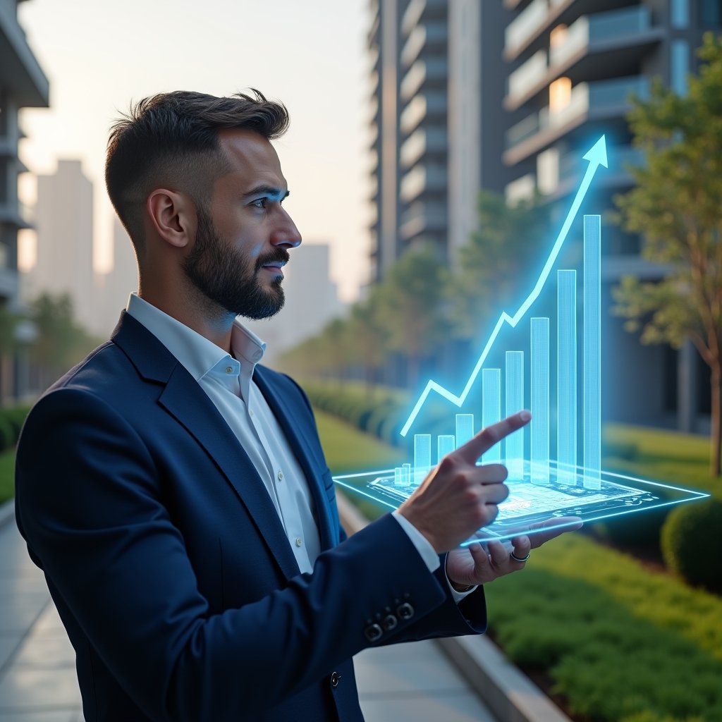 (Ultra-realistic condominium manager in a tailored navy blue suit, set in a modern luxury condominium environment with high-rise buildings and manicured green landscaping, reviewing a floating holographic financial report with charts and graphs, confidence in expression as they point to a rising bar graph symbolizing transparency and trust, cinematic lighting, shallow depth of field, highly detailed textures, realistic skin, photographic realism, 8k resolution --ar 1:1 --v 6)