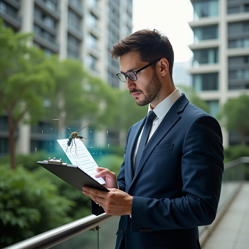 Ultra-realistic condominium manager in a navy executive suit, set in a modern luxury condominium environment with high-rise buildings and manicured green landscaping, inspecting a water-filled plant saucer while holding a clipboard checklist, a semi-transparent holographic mosquito icon hovering beside the clipboard, serious and focused expression, cinematic lighting, shallow depth of field, highly detailed textures, realistic skin, photographic realism, 8k resolution --ar 1:1 --v 6