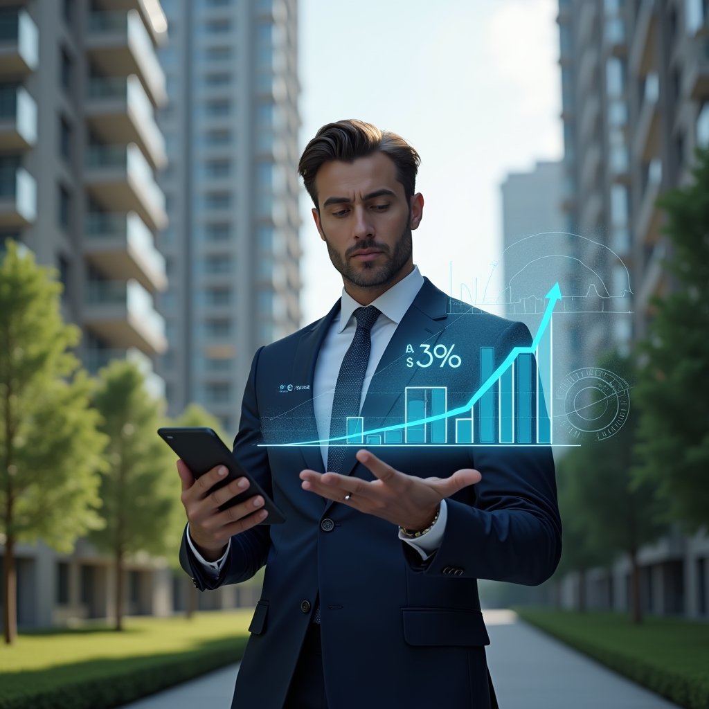 Ultra-realistic condominium manager in a navy executive suit, set in a modern luxury condominium environment with high-rise buildings and manicured green landscaping, standing and examining a floating holographic cost-reduction graph showing “30% savings,” holding a digital tablet displaying real-time financial analytics, confident and focused expression, cinematic lighting, shallow depth of field, highly detailed textures, realistic skin, photographic realism, 8k resolution --ar 1:1 --v 6
