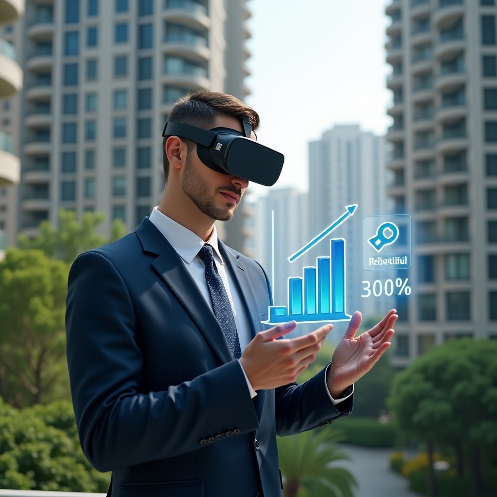 (Ultra-realistic condominium manager in a tailored navy suit, set in a modern luxury condominium environment with high-rise buildings and lush green landscaping, analyzing a holographic bar chart showing a 30% cost reduction, gesturing confidently toward the floating chart, with a translucent icon of a maintenance wrench and dollar sign hologram beside them, cinematic lighting, shallow depth of field, highly detailed textures, realistic skin, photographic realism, 8k resolution --ar 1:1 --v 6)