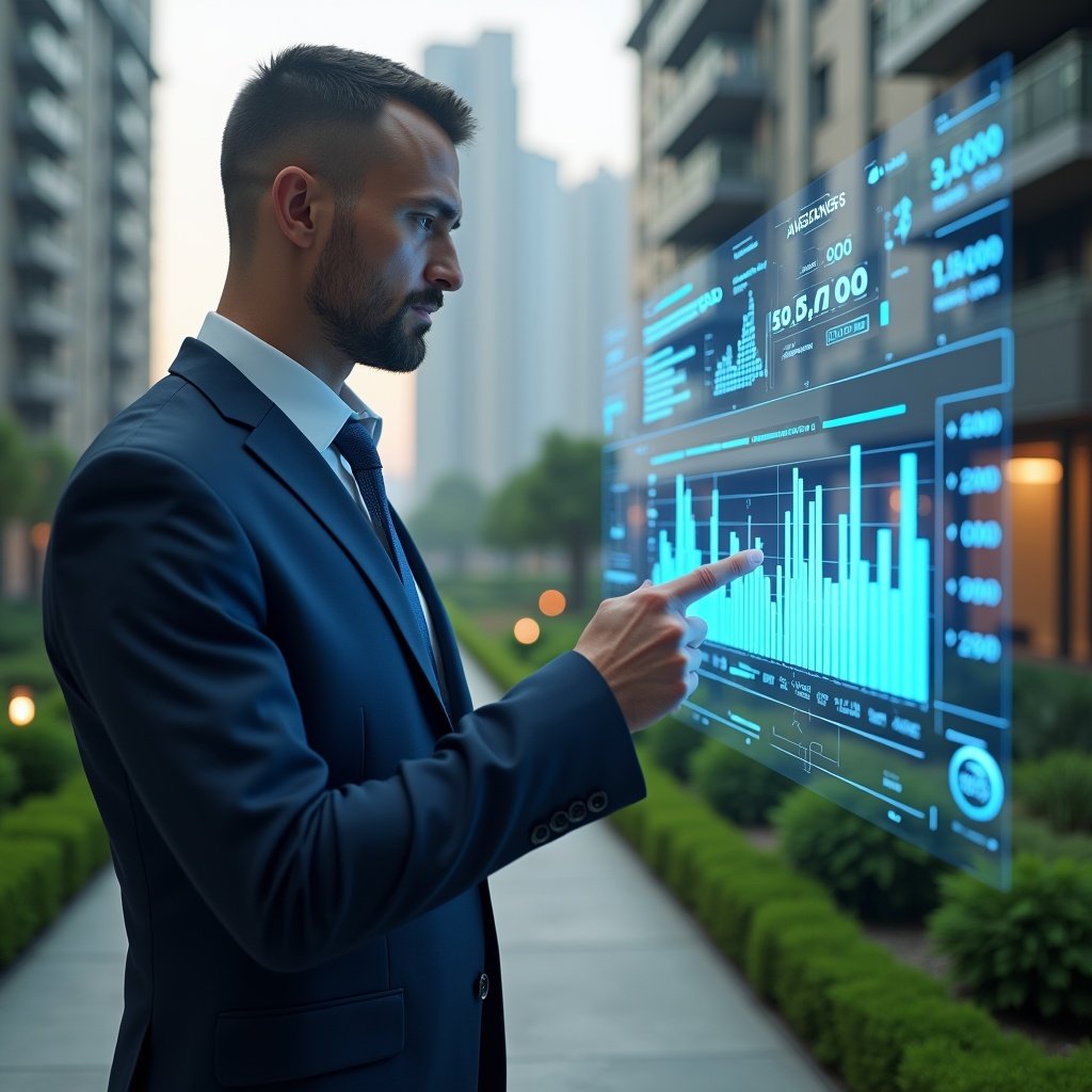 Ultra-realistic condominium manager in a tailored navy blue suit, set in a modern luxury condominium environment with high-rise buildings and manicured green landscaping, examining a holographic financial dashboard that displays charts of declining expenses, pointing thoughtfully at a glowing “cost reduction” icon, cinematic lighting, shallow depth of field, highly detailed textures, realistic skin, photographic realism, 8k resolution --ar 1:1 --v 6
