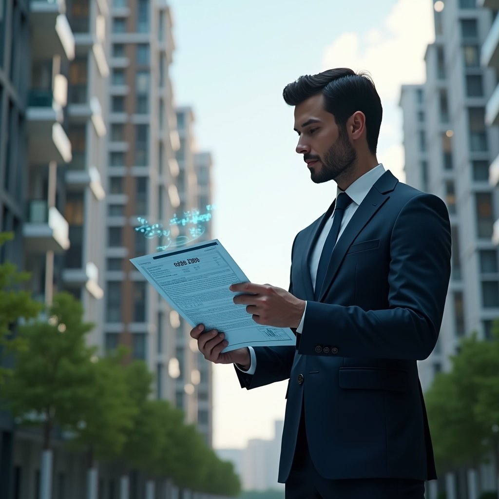 (Ultra-realistic property manager in a tailored navy suit, set in a modern luxury condominium environment with high-rise buildings and lush green landscaping, medium shot of a confident executive reviewing a holographic contract and floating cost-optimization charts, cinematic lighting, shallow depth of field, highly detailed textures, realistic skin, photographic realism, 8k resolution --ar 1:1 --v 6)