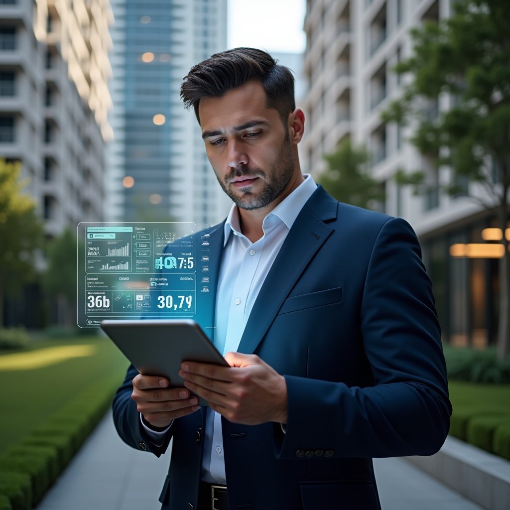 (Ultra-realistic condominium property manager in a navy blue suit, set in a modern luxury condominium environment with high-rise buildings and meticulously landscaped gardens, holding a tablet displaying holographic financial charts and approval icons, analyzing data with a confident, thoughtful expression, cinematic lighting, shallow depth of field, highly detailed textures, realistic skin, photographic realism, 8k resolution --ar 1:1 --v 6)