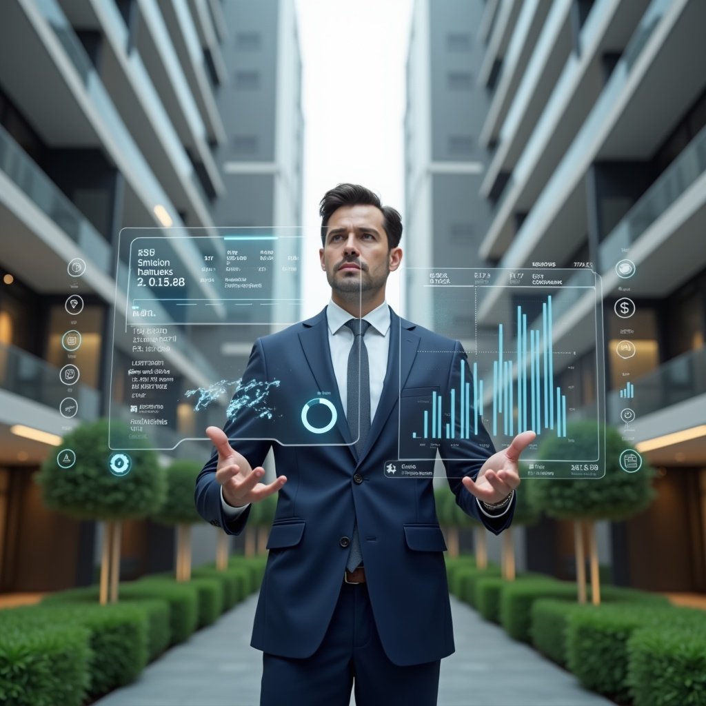 (Ultra-realistic property manager in a navy blue executive suit, set in a modern luxury condominium environment with high-rise buildings and manicured green landscaping, standing in a medium shot while interacting with a holographic financial dashboard—3D charts and graphs floating before them—confident and focused expression, futuristic icons of coins and reports orbiting around, cinematic lighting, shallow depth of field, highly detailed textures, realistic skin, photographic realism, 8k resolution --ar 1:1 --v 6)