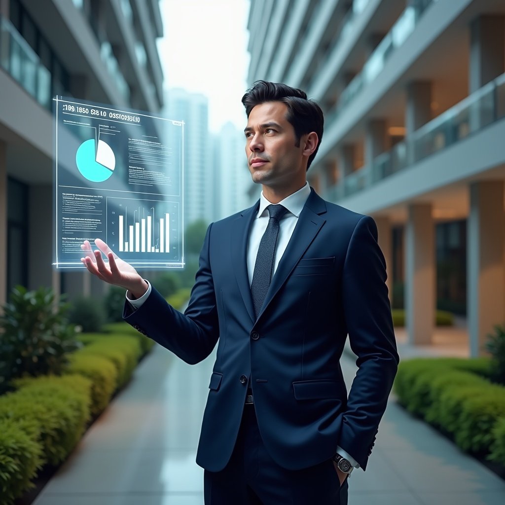 (Ultra-realistic condominium manager in a navy blue tailored suit, set in a modern luxury condominium environment with high-rise buildings and meticulously landscaped gardens, examining a floating holographic financial dashboard displaying a “30% cost reduction” pie chart and expense graphs, confident expression, cinematic lighting, shallow depth of field, highly detailed textures, realistic skin, photographic realism, 8k resolution --ar 1:1 --v 6)