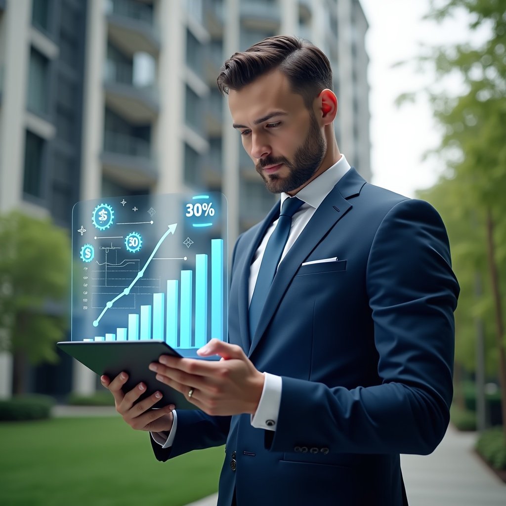 (Ultra-realistic condominium manager in a tailored navy blue suit, set in a modern luxury condominium environment with high-rise buildings and lush green landscaping, holding a transparent tablet displaying a holographic bar chart with a 30% cost-reduction graph, analyzing data with a confident and focused expression, subtle floating icons of currency and gears symbolizing financial efficiency, cinematic lighting, shallow depth of field, highly detailed textures, realistic skin, photographic realism, 8k resolution --ar 1:1 --v 6)