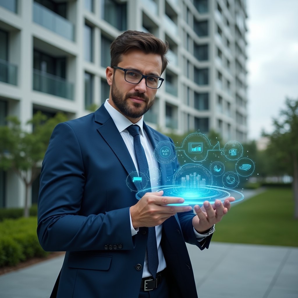 (Ultra-realistic condominium manager in a navy blue suit, set in a modern luxury condominium environment with high-rise buildings and lush green landscaping, holding and interacting with a floating holographic dashboard displaying charts and task icons, confident and focused expression, symbolic app interface elements hovering around, cinematic lighting, shallow depth of field, highly detailed textures, realistic skin, photographic realism, 8k resolution --ar 1:1 --v 6)