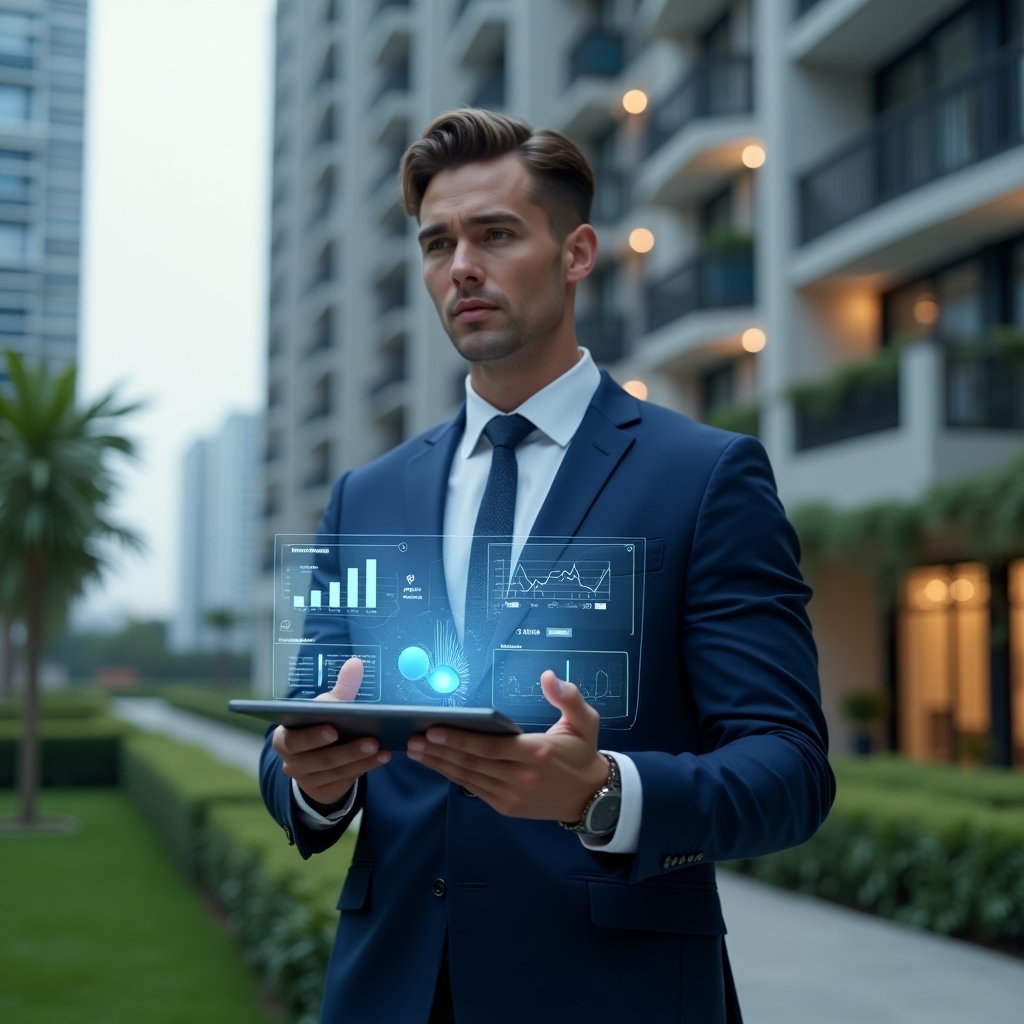 (Ultra-realistic condominium manager in a navy blue executive suit, set in a modern luxury condominium environment with high-rise buildings and meticulously landscaped green areas, holding a sleek tablet displaying holographic financial reports and charts, confidently tapping an interactive dashboard to present transparent accounting, floating icons of graphs and communication symbols around, cinematic lighting, shallow depth of field, highly detailed textures, realistic skin, photographic realism, 8k resolution --ar 1:1 --v 6)