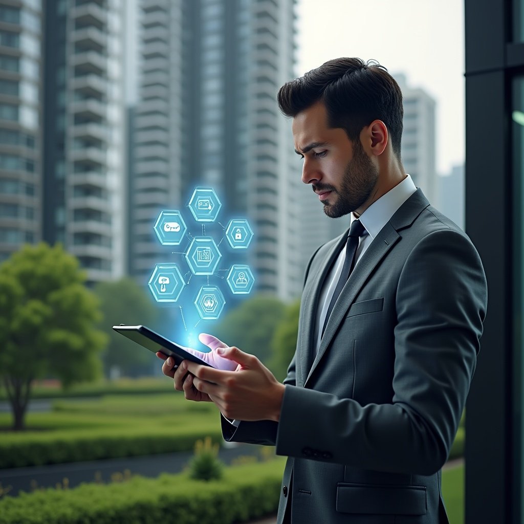 Ultra-realistic condominium manager in a charcoal gray executive suit, set in a modern luxury condominium environment with high-rise buildings and meticulously landscaped gardens, holding a tablet displaying holographic icons of five condominium management apps, confidently analyzing floating UI panels with charts, calendar and security symbols, cinematic lighting, shallow depth of field, highly detailed textures, realistic skin, photographic realism, 8k resolution --ar 1:1 --v 6
