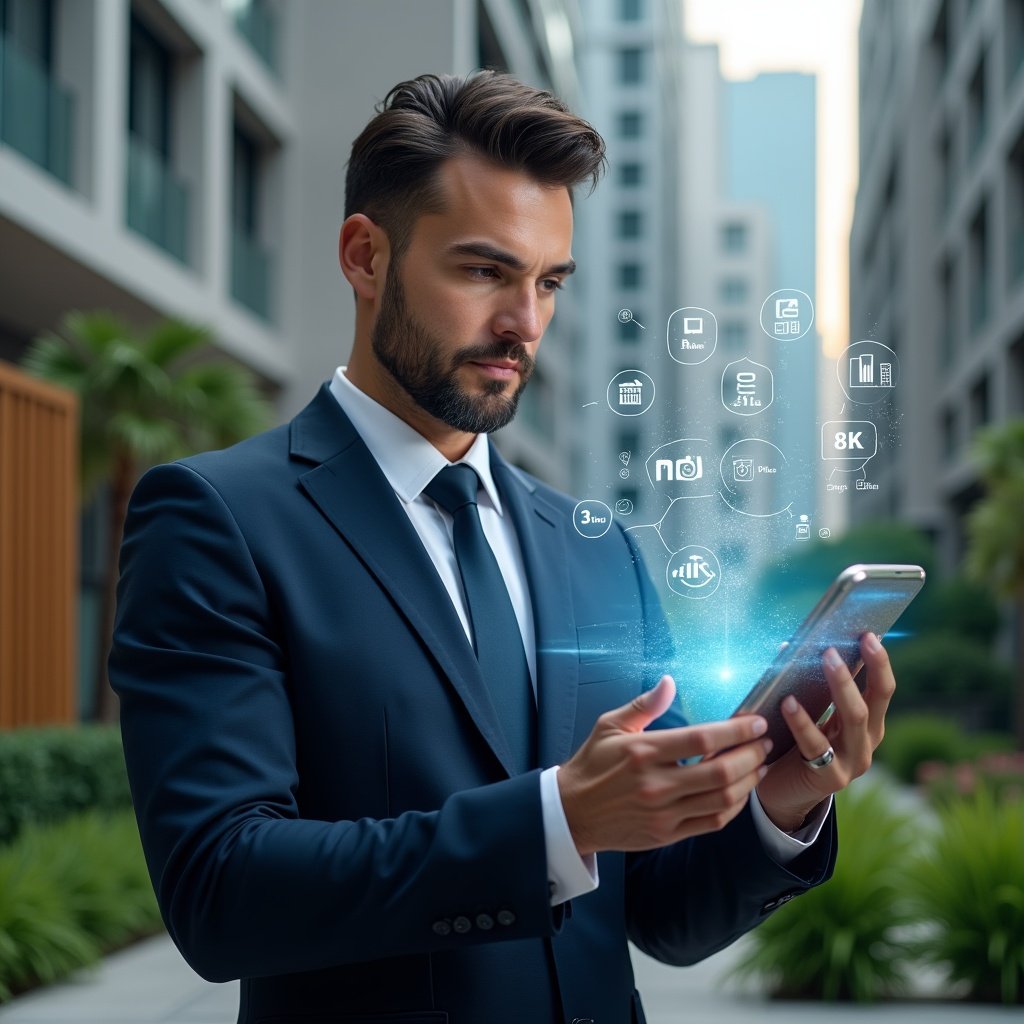 (Ultra-realistic condominium manager in a tailored navy suit, set in a modern luxury condominium environment with high-rise buildings and manicured green gardens, examining a floating holographic smartphone interface displaying app icons, financial charts, and reservation schedules, confident expression, cinematic lighting, shallow depth of field, highly detailed textures, realistic skin, photographic realism, 8k resolution --ar 1:1 --v 6)
