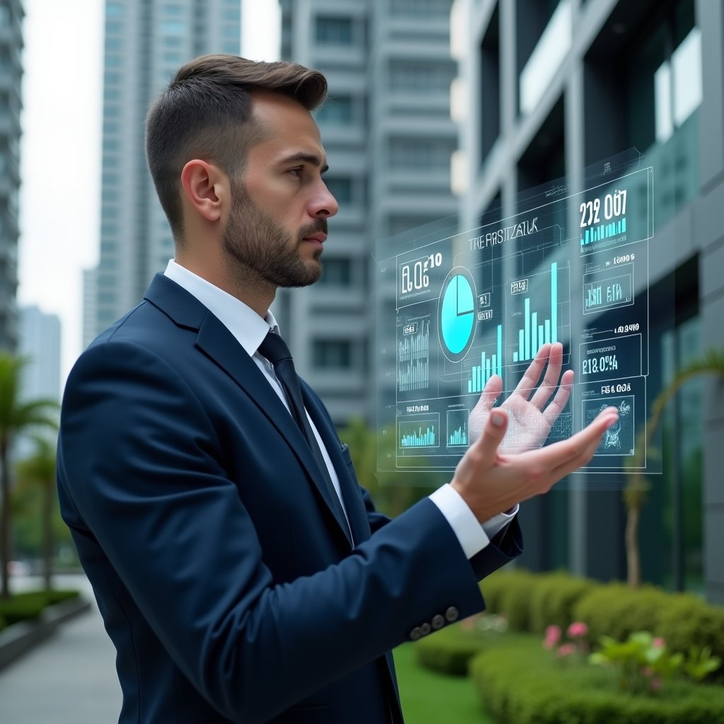 Ultra-realistic condominium manager in a tailored navy suit, set in a modern luxury condominium environment with high-rise buildings and lush green landscaping, analyzing a transparent holographic dashboard displaying bar graphs, pie charts and financial indicators, confident and focused expression, holographic icons of currency and metrics floating around, cinematic lighting, shallow depth of field, highly detailed textures, realistic skin, photographic realism, 8k resolution --ar 1:1 --v 6
