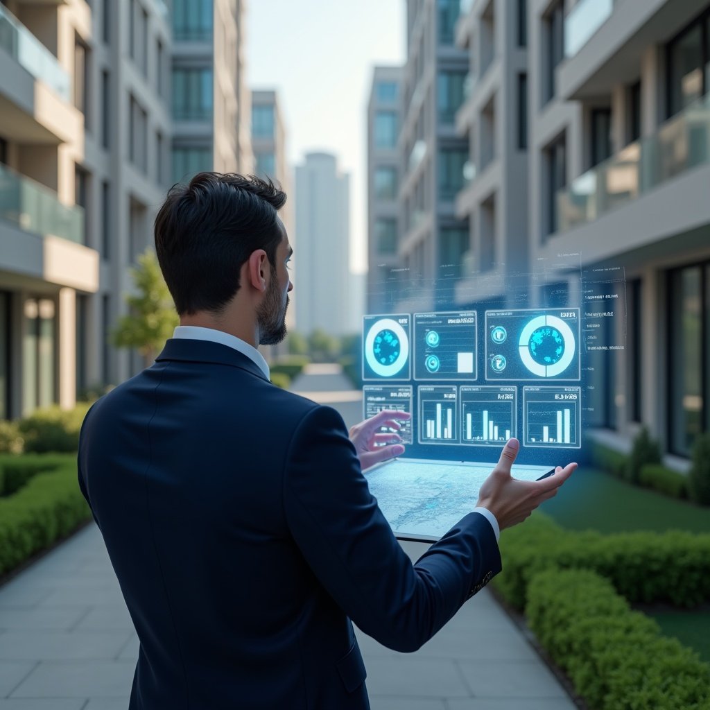 (Ultra-realistic property manager in a navy executive suit, set in a modern luxury condominium environment with high-rise buildings and manicured green landscaping, mid-shot analyzing a holographic dashboard of financial charts and 10 key expense indicators, glowing pie charts and bar graphs floating around, confident and focused expression, cinematic lighting, shallow depth of field, highly detailed textures, realistic skin, photographic realism, 8k resolution --ar 1:1 --v 6)