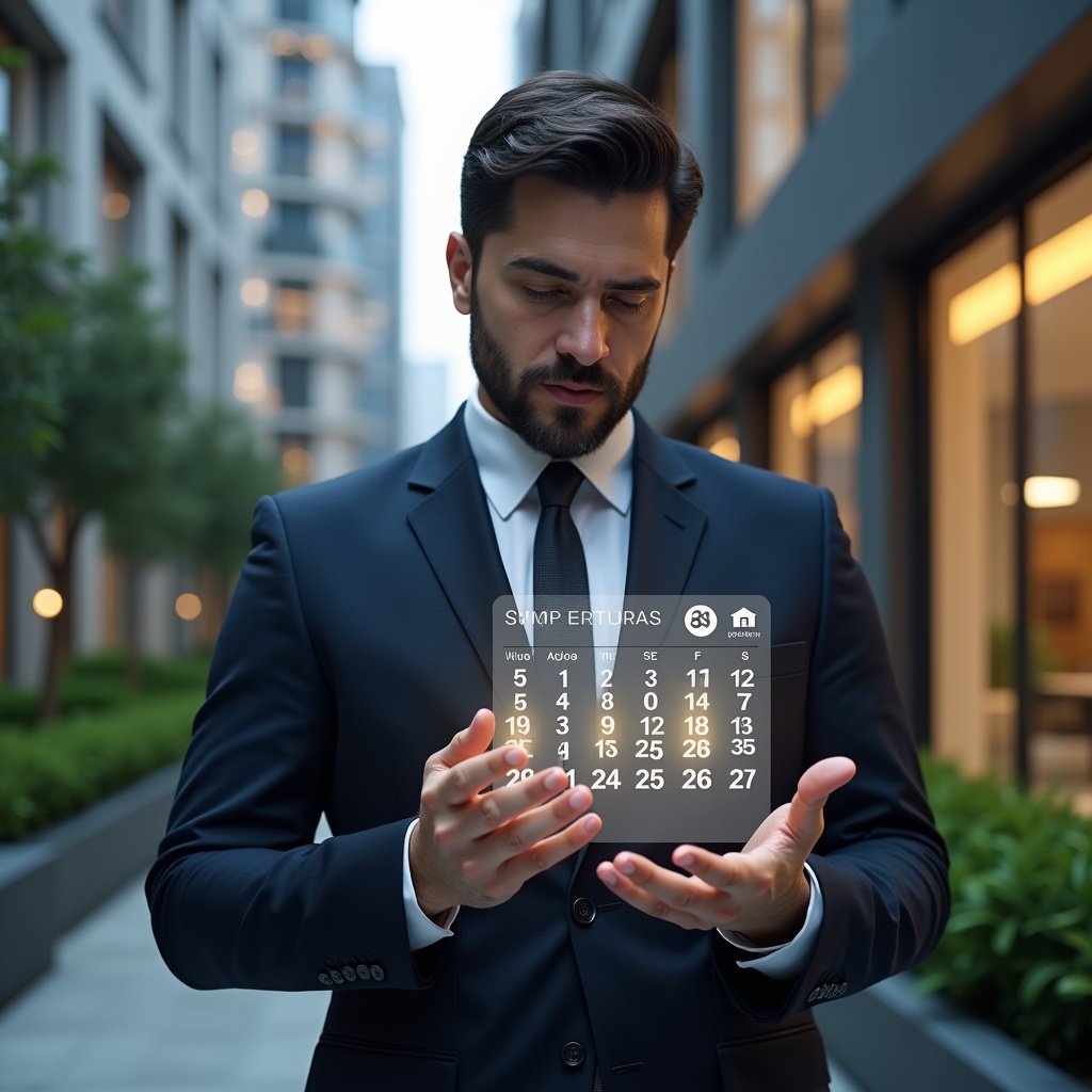 (Ultra-realistic property manager in a dark navy suit, set in a modern luxury condominium environment with high-rise buildings and lush green landscaping, holding and interacting with a glowing holographic calendar displaying maintenance, assembly, and payment deadline icons, confident and focused expression, cinematic lighting, shallow depth of field, highly detailed textures, realistic skin, photographic realism, 8k resolution --ar 1:1 --v 6)
