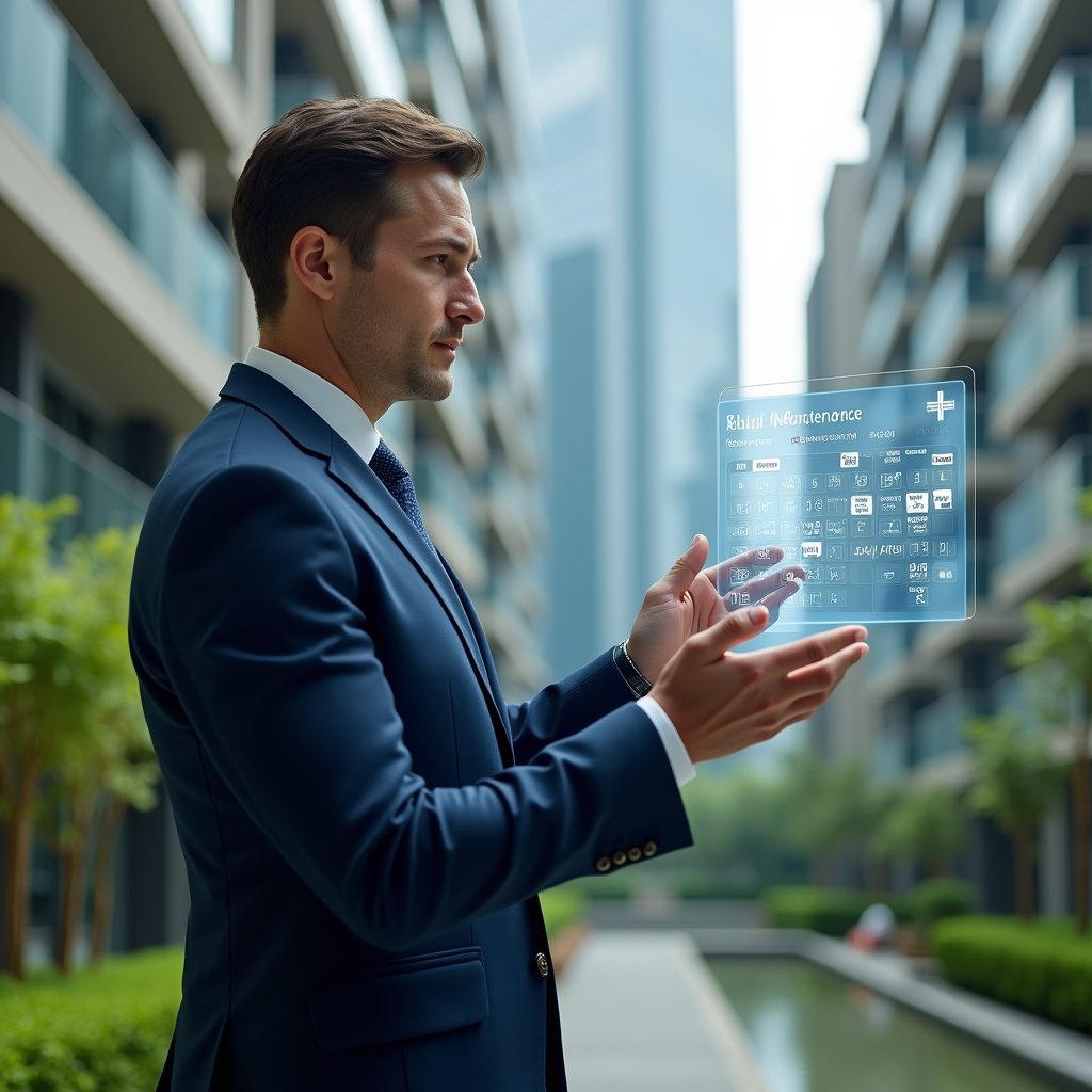 Ultra-realistic condominium manager in a navy blue suit, set in a modern luxury condominium environment with high-rise buildings and lush green landscaping, confidently analyzing a floating holographic schedule calendar displaying maintenance and event icons, cinematic lighting, shallow depth of field, highly detailed textures, realistic skin, photographic realism, 8k resolution --ar 1:1 --v 6