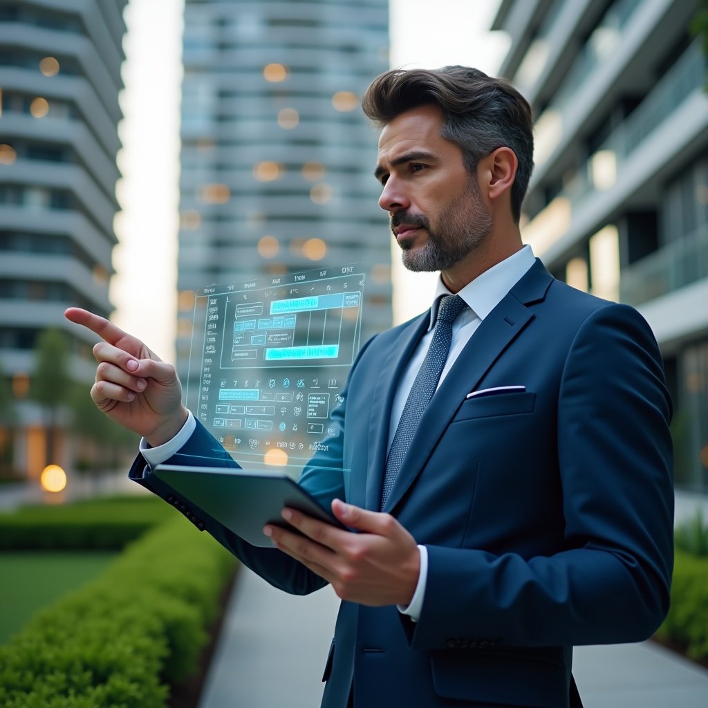 Ultra-realistic condominium manager in a navy blue suit, set in a modern luxury condominium environment with high-rise buildings and manicured green landscaping, holding a tablet displaying a holographic color-coded activity calendar, confidently pointing at maintenance and event icons, cinematic lighting, shallow depth of field, highly detailed textures, realistic skin, photographic realism, 8k resolution --ar 1:1 --v 6