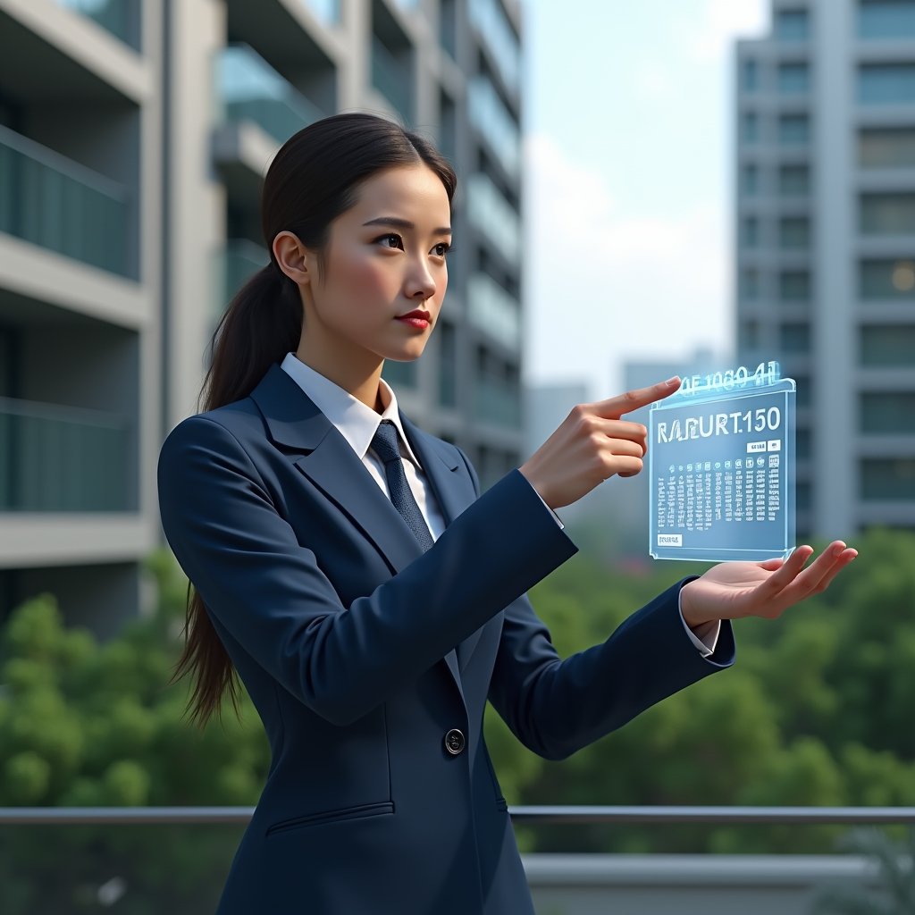 (Ultra-realistic condominium manager in a navy executive suit, set in a modern luxury condominium environment with high-rise buildings and lush green landscaping, holding and pointing at a futuristic holographic task calendar floating before them, confident and focused expression, cinematic lighting, shallow depth of field, highly detailed textures, realistic skin, photographic realism, 8k resolution --ar 1:1 --v 6)