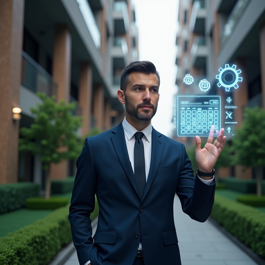 (Ultra-realistic condominium manager in a tailored navy suit, set in a modern luxury condominium environment with high-rise buildings and manicured green landscaping, medium shot of a confident professional interacting with a floating holographic activity schedule, glowing calendar icons and gear symbols representing maintenance planning, cinematic lighting, shallow depth of field, highly detailed textures, realistic skin, photographic realism, 8k resolution --ar 1:1 --v 6)
