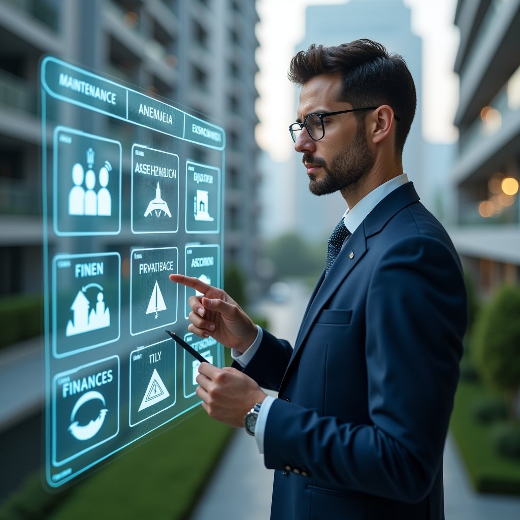 Ultra-realistic condominium manager in a navy blue suit, set in a modern luxury condominium environment with high-rise buildings and manicured green landscaping, examining a floating holographic calendar displaying maintenance icons, assembly agendas and finance graphs, pointing at upcoming dates with a stylus, confident and focused expression, cinematic lighting, shallow depth of field, highly detailed textures, realistic skin, photographic realism, 8k resolution --ar 1:1 --v 6