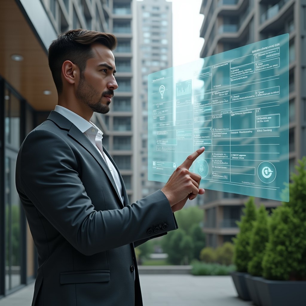 Ultra-realistic condominium manager in a tailored charcoal gray suit, set in a modern luxury condominium environment with high-rise buildings and manicured green landscaping, confidently pointing at a holographic collaborative calendar displaying maintenance schedules, assembly icons and billing reminders, cinematic lighting, shallow depth of field, highly detailed textures, realistic skin, photographic realism, 8k resolution --ar 1:1 --v 6