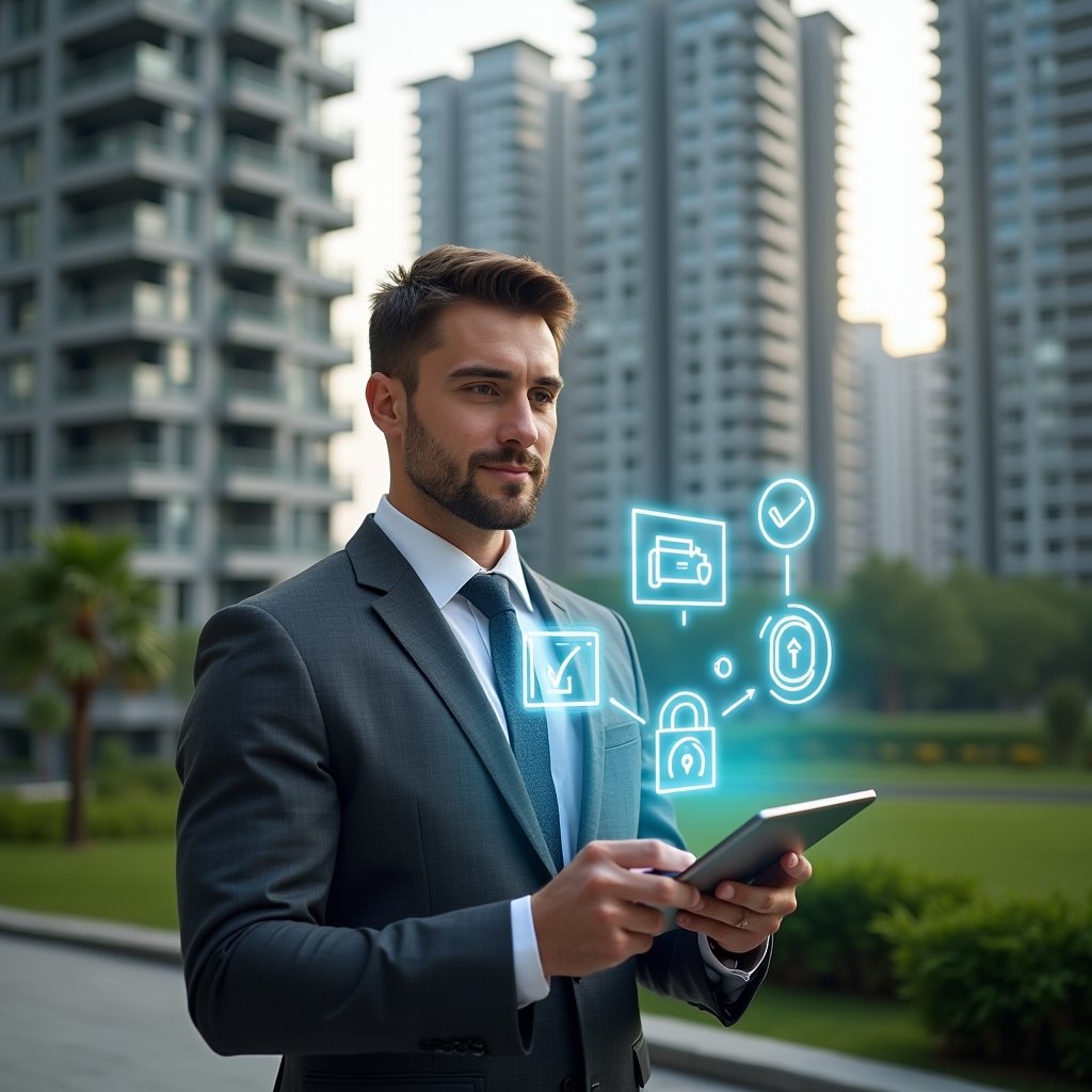 Ultra-realistic condominium manager in a charcoal gray suit, set in a modern luxury condominium environment with high-rise buildings and lush green landscaping, holding a tablet displaying floating holographic icons of finances, calendar reservations, chat bubbles, security locks, and analytics charts to symbolize 10 essential app features, confident and focused expression, cinematic lighting, shallow depth of field, highly detailed textures, realistic skin, photographic realism, 8k resolution --ar 1:1 --v 6