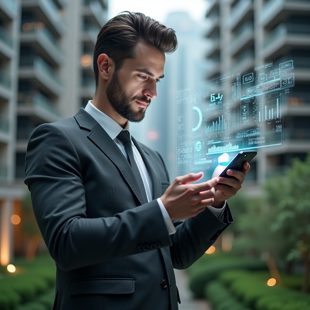 (Ultra-realistic condominium manager in a charcoal gray executive suit, set in a modern luxury condominium environment with high-rise buildings and lush green landscaping, examining a floating holographic interface of app analytics and notification icons, confident and focused expression, smartphone in hand projecting translucent charts, cinematic lighting, shallow depth of field, highly detailed textures, realistic skin, photographic realism, 8k resolution --ar 1:1 --v 6)