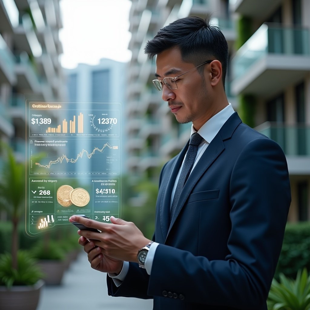 Ultra-realistic condominium manager in a navy tailored suit, set in a modern luxury condominium environment with high-rise buildings and lush green landscaping, examining a holographic financial dashboard of ordinary and extraordinary expense categories, thoughtful expression, holographic icons of coins and charts floating beside, cinematic lighting, shallow depth of field, highly detailed textures, realistic skin, photographic realism, 8k resolution --ar 1:1 --v 6