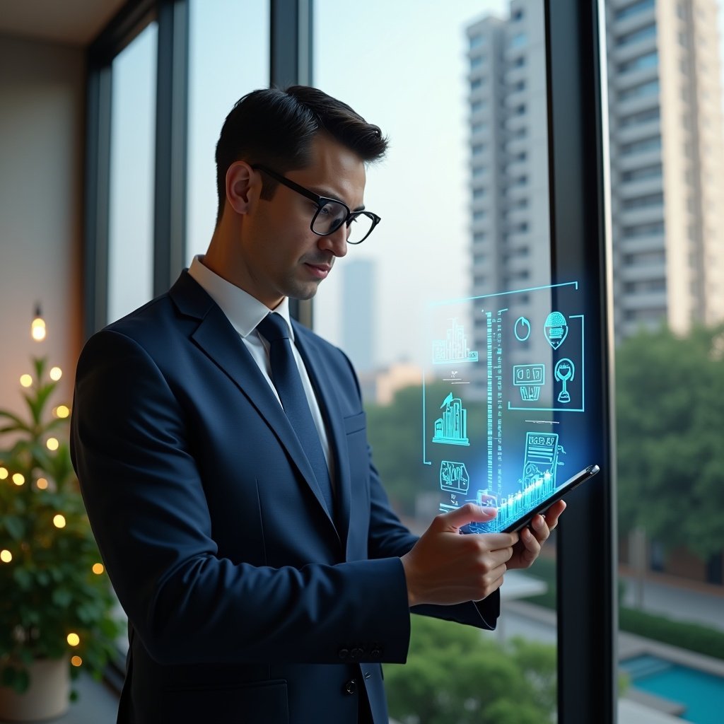 Ultra-realistic property manager in a navy executive suit, set in a modern luxury condominium environment with high-rise buildings and meticulously landscaped gardens, reviewing a tablet projecting holographic budget charts and legal document icons, confidently analyzing expenses, cinematic lighting, shallow depth of field, highly detailed textures, realistic skin, photographic realism, 8k resolution --ar 1:1 --v 6