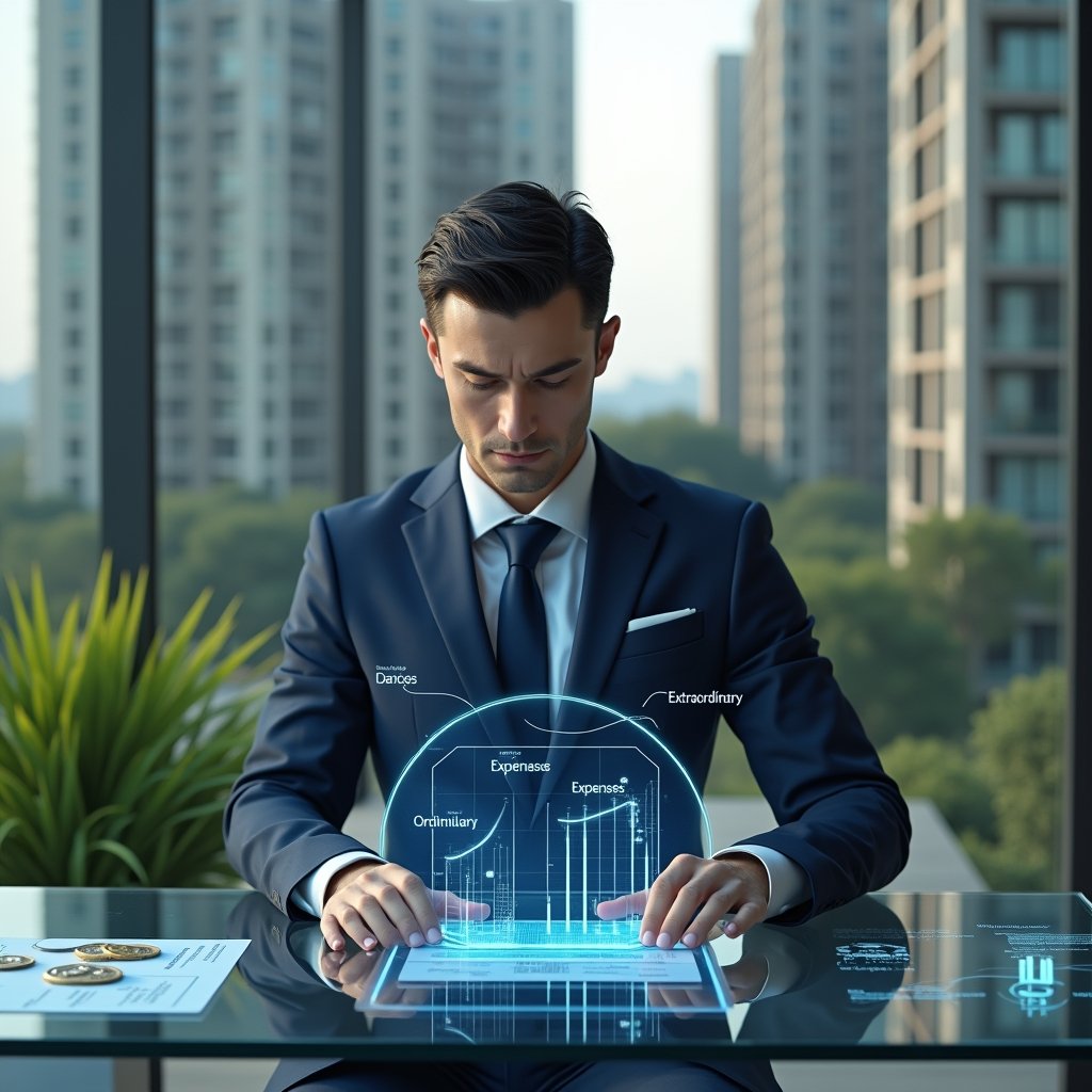 Ultra-realistic condominium manager in a navy blue tailored suit, set in a modern luxury condominium environment with high-rise buildings and lush green landscaping, standing at a sleek glass table comparing two holographic financial charts labeled “Ordinary expenses” and “Extraordinary expenses,” floating holographic icons of coins and a ledger around them, focused and confident expression, cinematic lighting, shallow depth of field, highly detailed textures, realistic skin, photographic realism, 8k resolution --ar 1:1 --v 6