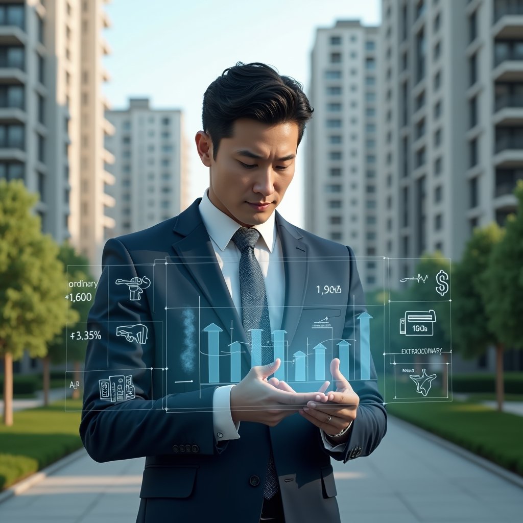 (Ultra-realistic condominium manager in a tailored navy suit, set in a modern luxury condominium environment with high-rise buildings and manicured green landscaping, mid-shot of the manager examining a translucent holographic budget dashboard split into “ordinary” and “extraordinary” expense columns, confident and focused expression, thematic floating icons of coins and repair tools around the dashboard, cinematic lighting, shallow depth of field, highly detailed textures, realistic skin, photographic realism, 8k resolution --ar 1:1 --v 6)