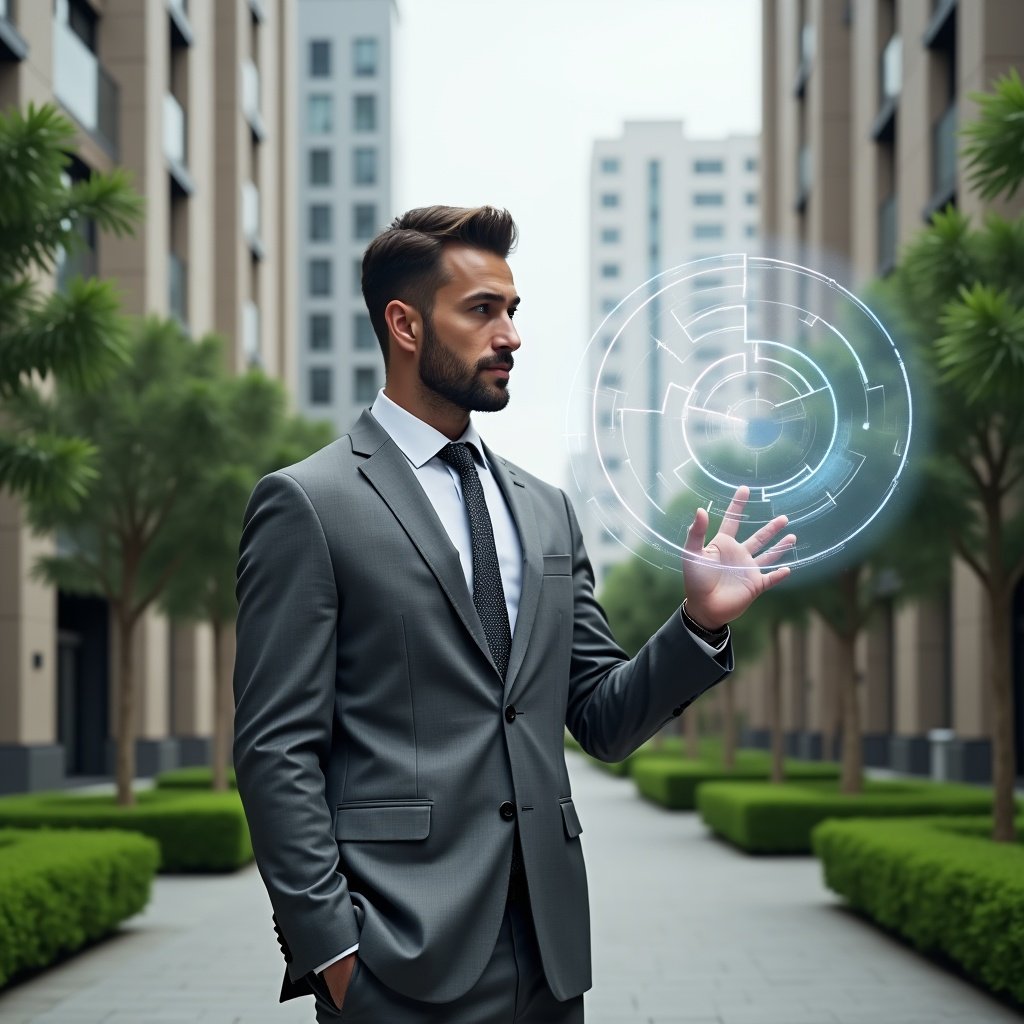 Ultra-realistic condominium manager in a gray tailored suit, set in a modern luxury condominium environment with high-rise buildings and manicured green landscaping, mid-shot of a confident professional interacting with a holographic pie chart split into ordinary and extraordinary expense segments, floating icons of receipts and repair tools, cinematic lighting, shallow depth of field, highly detailed textures, realistic skin, photographic realism, 8k resolution --ar 1:1 --v 6