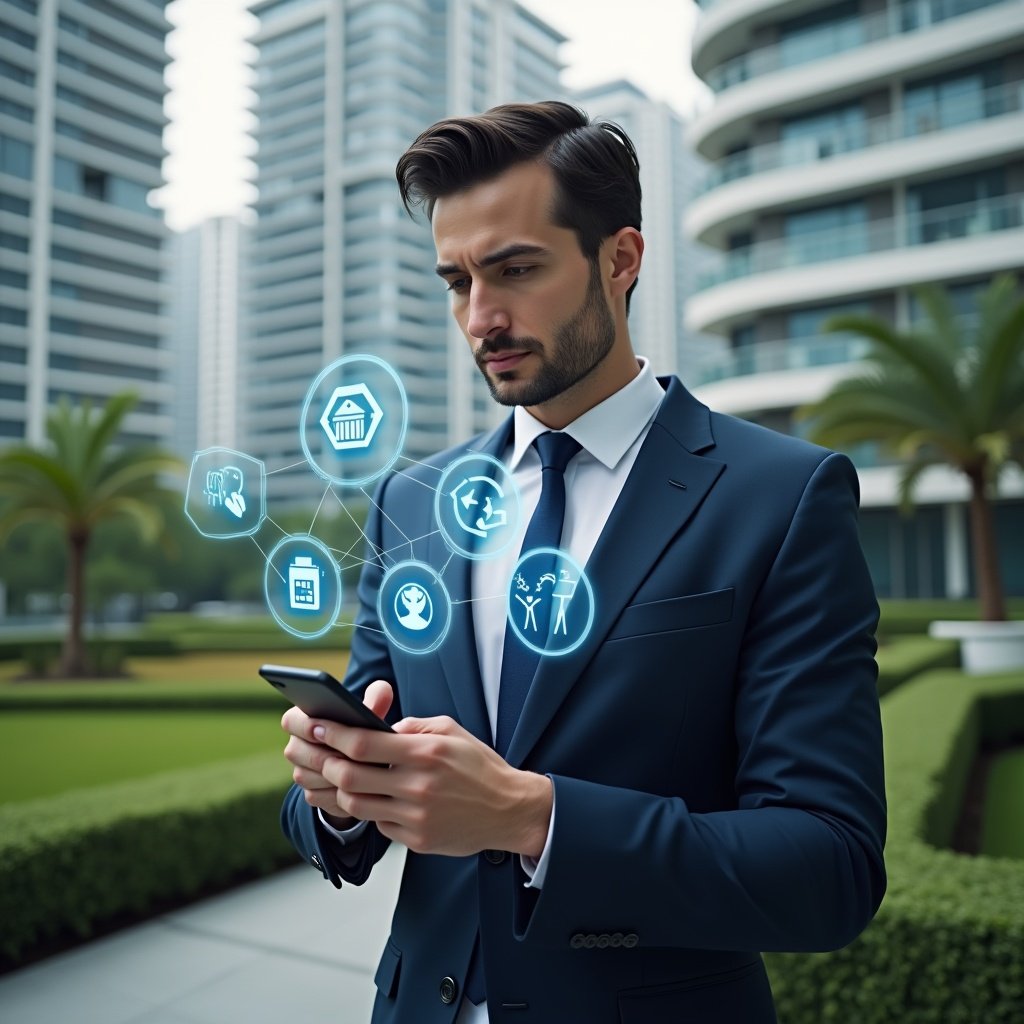 (Ultra-realistic condominium manager in a tailored navy suit, set in a modern luxury condominium environment with high-rise buildings and manicured green landscaping, holding a smartphone and interacting with floating holographic icons of maintenance, finances, reservations, and chat, confident and focused expression, cinematic lighting, shallow depth of field, highly detailed textures, realistic skin, photographic realism, 8k resolution --ar 1:1 --v 6)