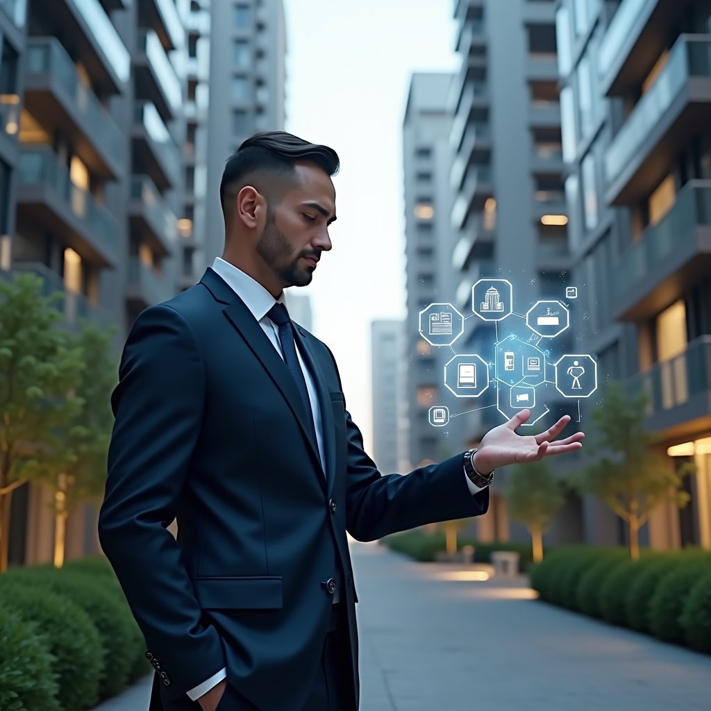 (Ultra-realistic property manager in a dark blue modern suit, set in a modern luxury condominium environment with high-rise buildings and manicured green landscaping, confidently interacting with a floating holographic interface displaying icons for finance, communication, security, reservations and analytics, cinematic lighting, shallow depth of field, highly detailed textures, realistic skin, photographic realism, 8k resolution --ar 1:1 --v 6)