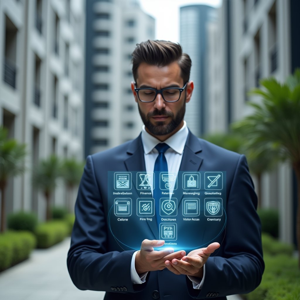 Ultra-realistic condominium manager in a tailored navy suit, set in a modern luxury condominium environment with high-rise buildings and manicured green landscaping, holding a transparent holographic interface displaying ten distinct app feature icons (finance dashboard, boleto generation, area reservation, instant messaging, maintenance tracking, visitor access, security integration, online voting, task management, cross-platform support), confidently analyzing the display, cinematic lighting, shallow depth of field, highly detailed textures, realistic skin, photographic realism, 8k resolution --ar 1:1 --v 6