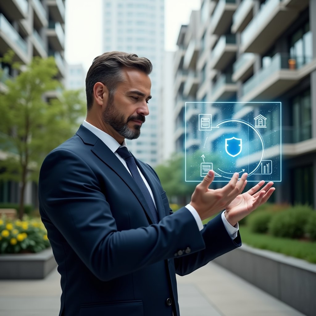Ultra-realistic property manager in a tailored navy suit, set in a modern luxury condominium environment with high-rise buildings and manicured greenery, confidently examining a floating holographic interface displaying icons for reservations, notifications, finance and security, cinematic lighting, shallow depth of field, highly detailed textures, realistic skin, photographic realism, 8k resolution --ar 1:1 --v 6