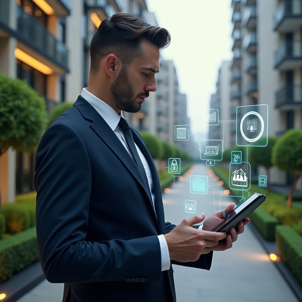(Ultra-realistic condominium manager in a navy executive suit, set in a modern luxury condominium environment with high-rise buildings and lush green landscaping, holding a tablet displaying floating holographic icons of financial charts, reservation calendars and security access controls, confidently analyzing the data, cinematic lighting, shallow depth of field, highly detailed textures, realistic skin, photographic realism, 8k resolution --ar 1:1 --v 6)