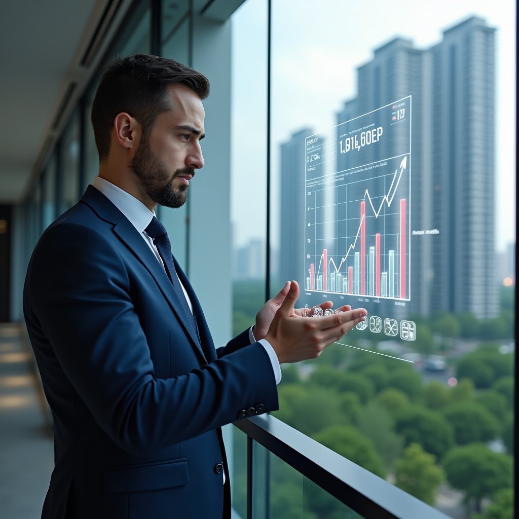 (Ultra-realistic condominium manager in a navy blue tailored suit, set in a modern luxury condominium environment with high-rise buildings and green landscaping, analyzing floating holographic KPI charts with a focused expression, digital holographic graphs and icons representing metrics, cinematic lighting, shallow depth of field, highly detailed textures, realistic skin, photographic realism, 8k resolution --ar 1:1 --v 6)
