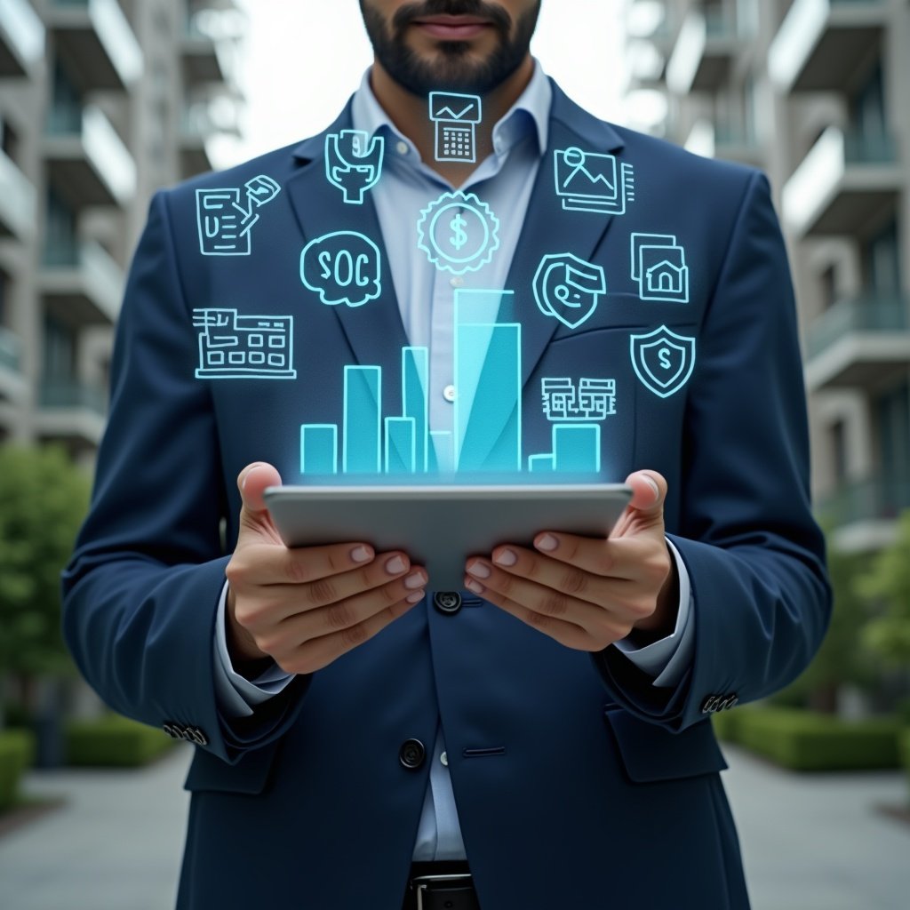 Ultra-realistic condominium manager in a navy suit, set in a modern luxury condominium environment with high-rise buildings and manicured green landscaping, mid-shot, holding a tablet displaying holographic financial charts and calendar icons, confidently analyzing digital reports, symbolic floating graphs and checklists, cinematic lighting, shallow depth of field, highly detailed textures, realistic skin, photographic realism, 8k resolution --ar 1:1 --v 6