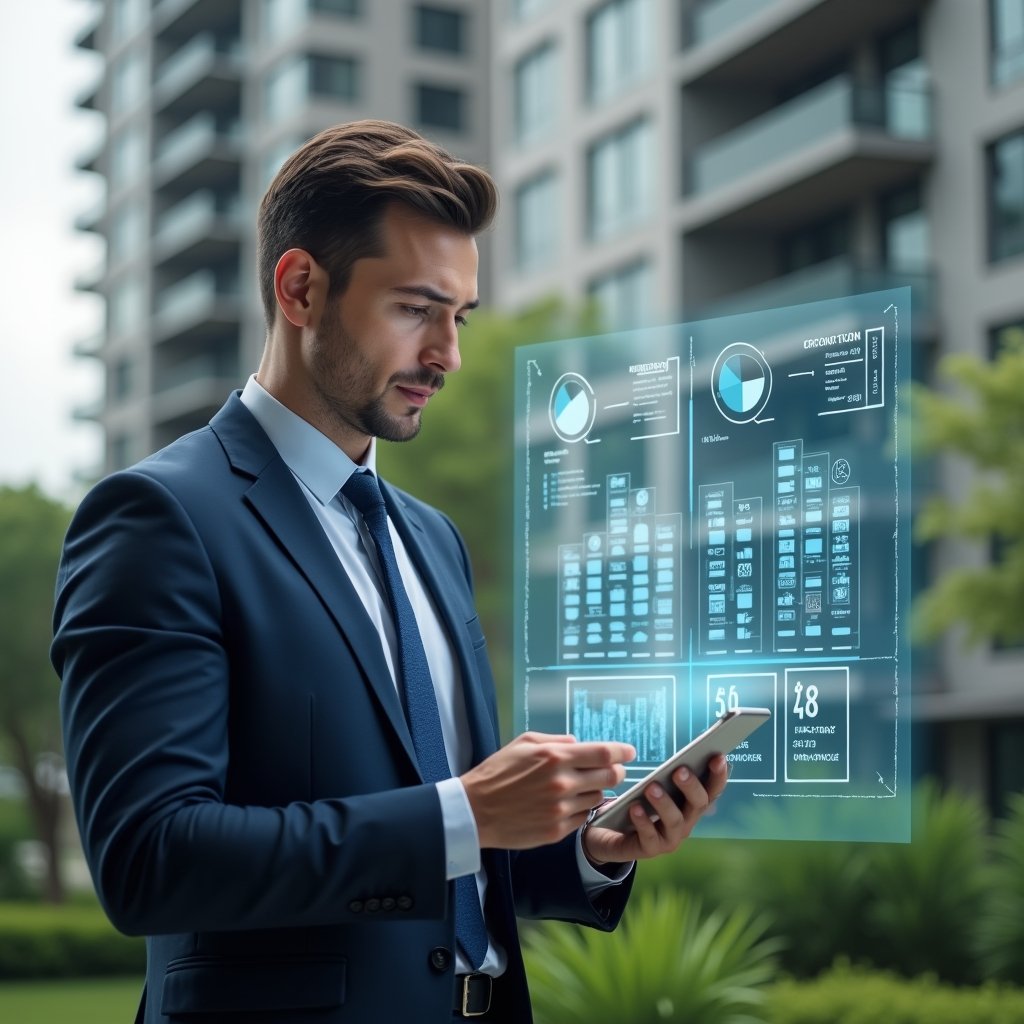 (Ultra-realistic condominium manager in a navy suit, set in a modern luxury condominium environment with high-rise buildings and lush green landscaping, reviewing transparent holographic financial charts separating ordinary and extraordinary expenses, focused confident expression, floating icons of coins and pie charts beside the charts, cinematic lighting, shallow depth of field, highly detailed textures, realistic skin, photographic realism, 8k resolution --ar 1:1 --v 6)