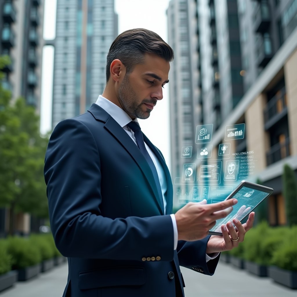 Ultra-realistic condominium manager in a navy executive suit, set in a modern luxury condominium environment with high-rise buildings and manicured green landscaping, checking a transparent holographic tablet displaying communication and financial dashboards, confident and focused expression, floating condo and chat icons around, cinematic lighting, shallow depth of field, highly detailed textures, realistic skin, photographic realism, 8k resolution --ar 1:1 --v 6