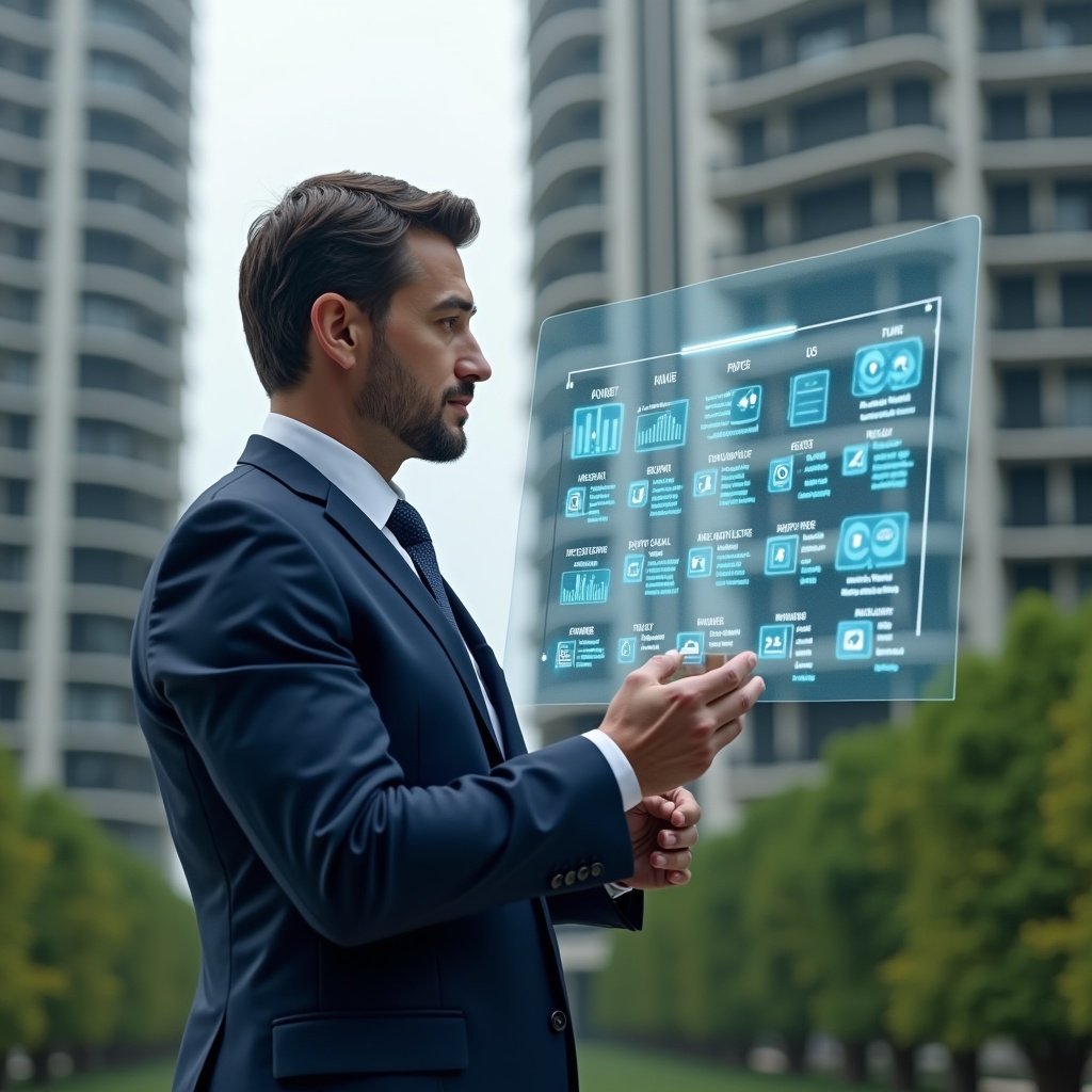 (Ultra-realistic condominium manager in a navy blue suit, set in a modern luxury condominium environment with high-rise buildings and lush green landscaping, confidently examining a floating holographic calendar and maintenance icons representing scheduled tasks and assembly checklists, cinematic lighting, shallow depth of field, highly detailed textures, realistic skin, photographic realism, 8k resolution --ar 1:1 --v 6)