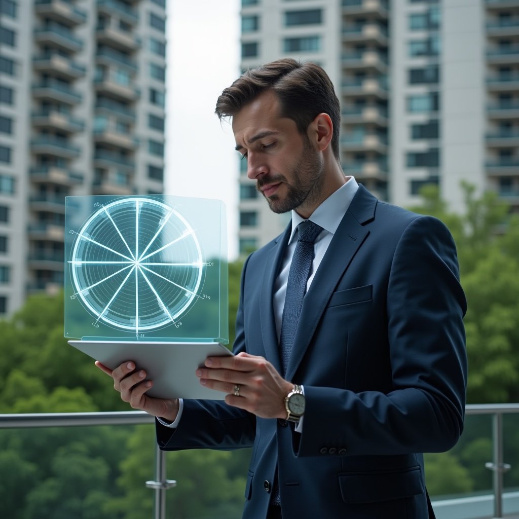 (Ultra-realistic condominium manager in a tailored navy suit, set in a modern luxury condominium environment with high-rise buildings and lush green landscaping, examining a holographic pie chart representing fraction ideal divisions overlaid on building facades, confident and focused expression, cinematic lighting, shallow depth of field, highly detailed textures, realistic skin, photographic realism, 8k resolution --ar 1:1 --v 6)