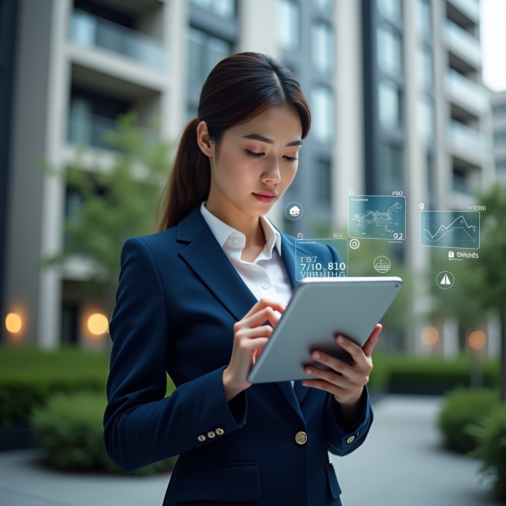 Ultra-realistic condominium manager in a navy blue executive suit, set in a modern luxury condominium environment with high-rise buildings and manicured greenery, holding a tablet with holographic warning icons and analytics charts floating around her, thoughtfully reviewing common management app errors, cinematic lighting, shallow depth of field, highly detailed textures, realistic skin, photographic realism, 8k resolution --ar 1:1 --v 6