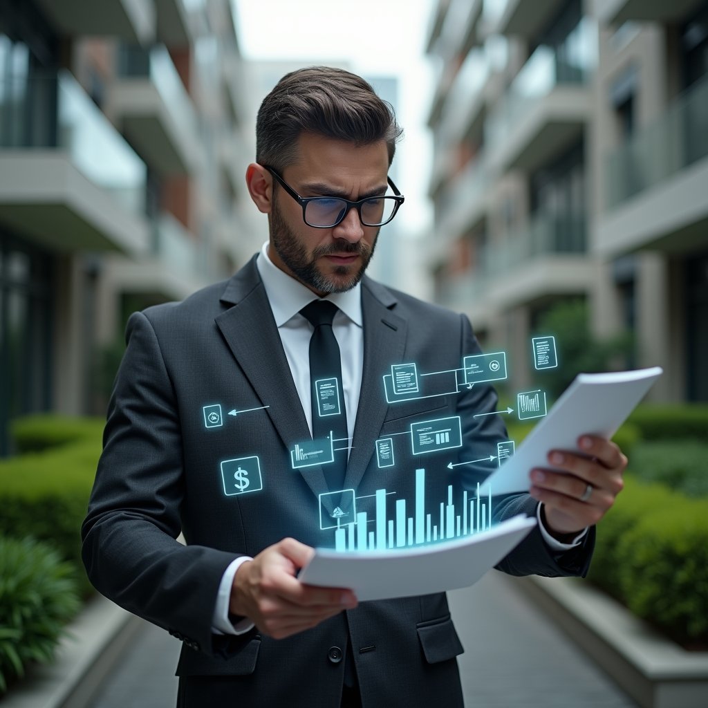 (Ultra-realistic condominium manager in a dark gray executive suit, set in a modern luxury condominium environment with high-rise buildings and manicured green gardens, examining a holographic financial report with concern and focus, floating icons of charts and receipts around them symbolizing accounting accuracy, cinematic lighting, shallow depth of field, highly detailed textures, realistic skin, photographic realism, 8k resolution --ar 1:1 --v 6)