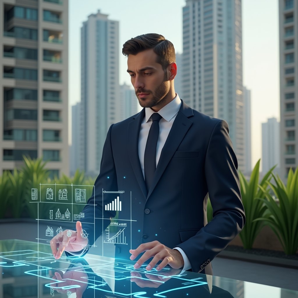 Ultra-realistic condominium manager in a tailored navy blue suit, set in a modern luxury condominium environment with high-rise buildings and manicured green landscaping, standing at a sleek glass table analyzing a floating holographic budget chart and pointing to rising and falling expense graphs, digital icons of invoices and renovation plans hovering around, confident and focused expression, cinematic lighting, shallow depth of field, highly detailed textures, realistic skin, photographic realism, 8k resolution --ar 1:1 --v 6