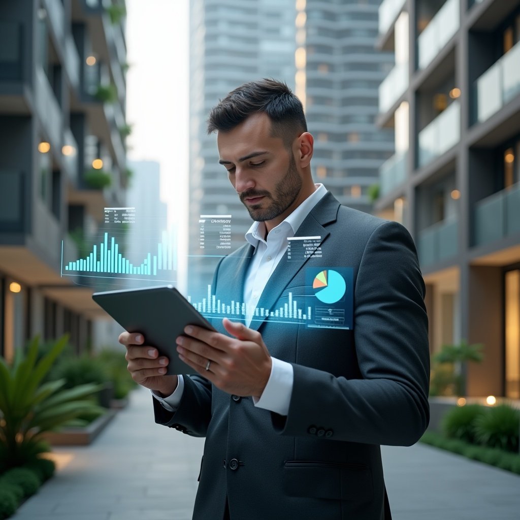 Ultra-realistic condo manager in a charcoal gray suit, set in a modern luxury condominium environment with high-rise buildings and manicured greenery, reviewing a holographic financial report projected above a sleek tablet, confident and focused expression, digital balance sheets and pie charts floating around, cinematic lighting, shallow depth of field, highly detailed textures, realistic skin, photographic realism, 8k resolution --ar 1:1 --v 6