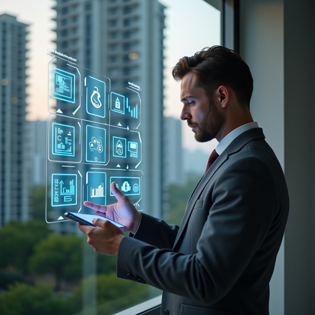 (Ultra-realistic condominium manager in a charcoal gray suit, set in a modern luxury condominium environment with high-rise buildings and green landscaping, mid-shot of a confident professional analyzing a holographic interface of app icons and flowcharts representing property management, glowing translucent widgets displaying analytics and security symbols hovering beside them, cinematic lighting, shallow depth of field, highly detailed textures, realistic skin, photographic realism, 8k resolution --ar 1:1 --v 6)