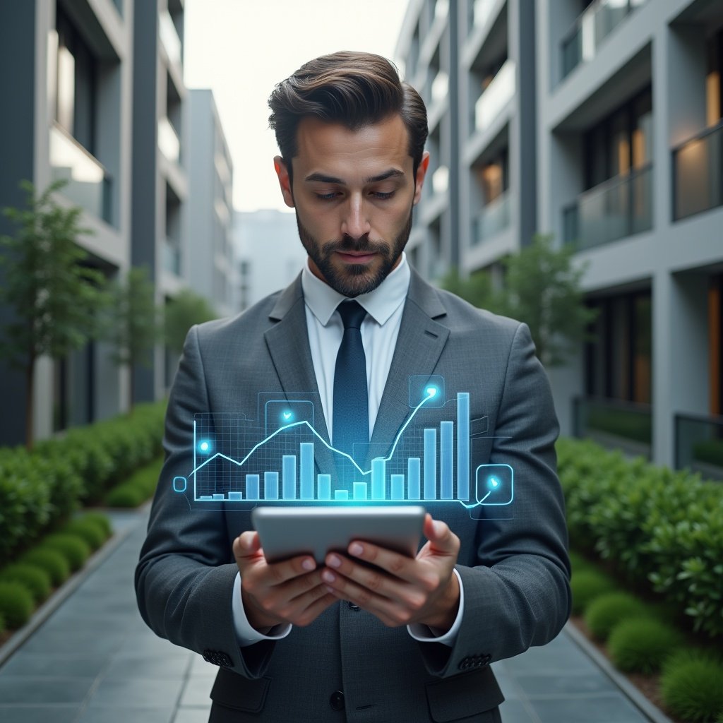 (Ultra-realistic condominium manager in a charcoal gray suit, set in a modern luxury condominium environment with high-rise buildings and manicured green landscaping, reviewing holographic financial charts projected from a tablet with a focused, confident expression, floating icons of bar graphs and checkmarks symbolizing transparency, cinematic lighting, shallow depth of field, highly detailed textures, realistic skin, photographic realism, 8k resolution --ar 1:1 --v 6)