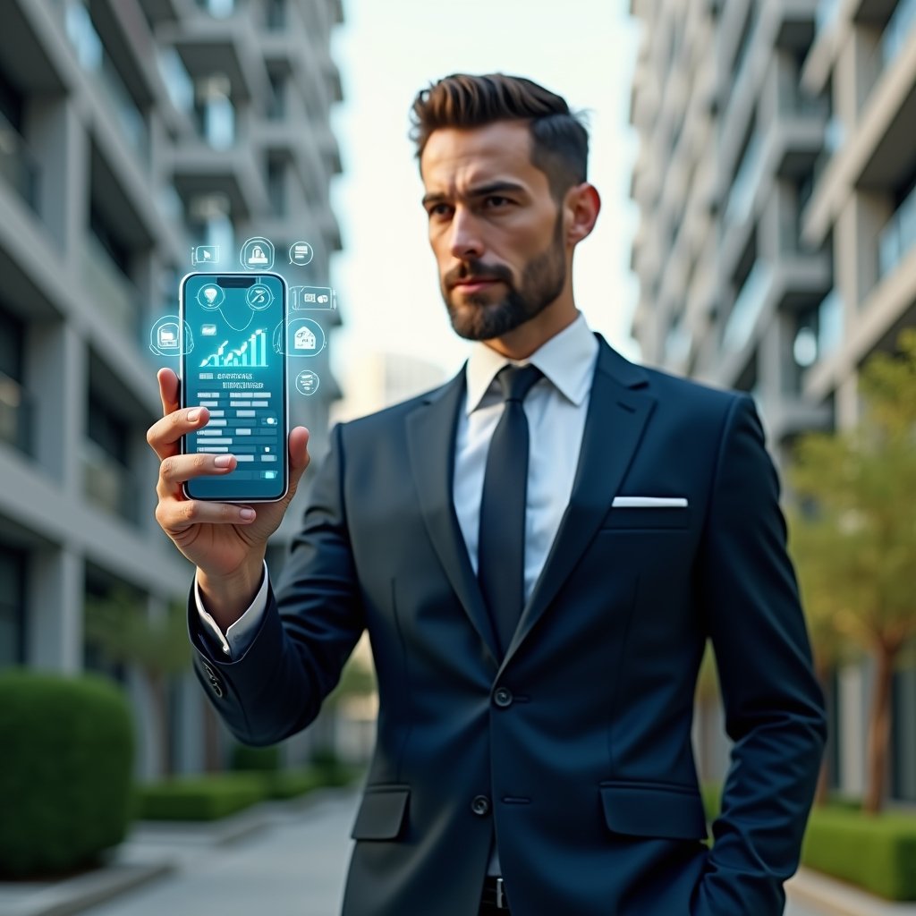 Ultra-realistic condominium manager in a dark navy executive suit, set in a modern luxury condominium environment with high-rise buildings and manicured gardens, mid-shot of a confident property manager holding and pointing at a floating holographic smartphone interface displaying charts and checklist icons symbolizing a management app, cinematic lighting, shallow depth of field, highly detailed textures, realistic skin, photographic realism, 8k resolution --ar 1:1 --v 6